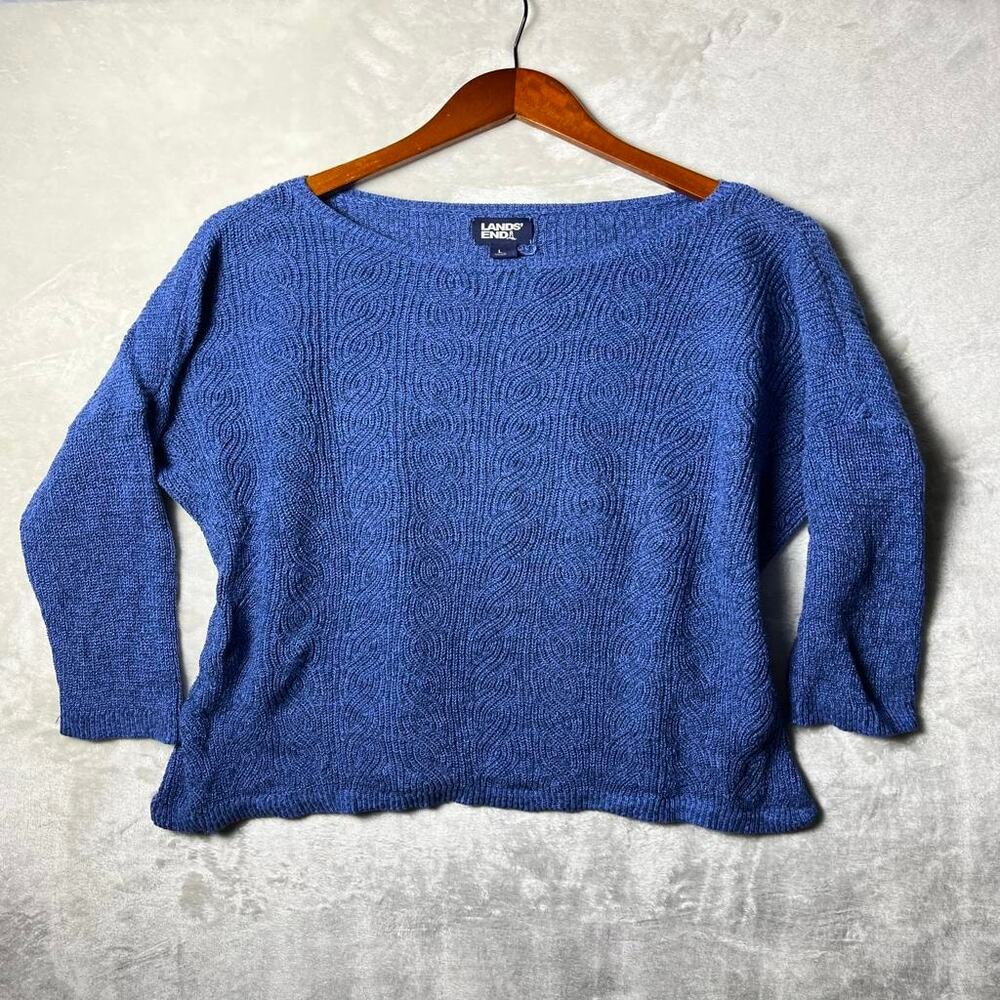 Lands' End Spring Sweater Women's L Lightweight Linen Cotton Nautical Blue Coast